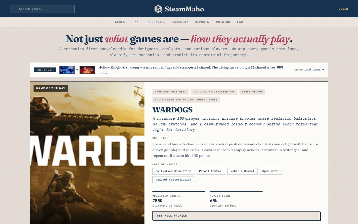 SteamMaho home page: the headline, the Hollow Knight and Silksong proof bar, and a game of the day with its core loop and core mechanics.
